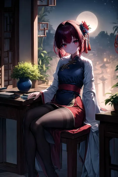 (masterpiece),(best quality),highres,highly detailed:0.9,an extremely delicate and beautiful,Tyndall effect,
1 girl,mature,solo,[tiny:medium:0.8] breasts,(madder red hair:1.2),(wavy hair ends),(short hair:1.2),beautiful red eyes,ruby textured pupils,(smiley and round eyes),
head_tilt,(crossed_legs),smug,(sitting_on_table),
chinese clothes,(Hands on legs:1.2),chinese robe,hanfu,white long clothes,earrings,hair flower,hair ornament,bracelet,tassel,beads,dress,blue dress,silk shawl,red ribbon,Wide long sleeves,wide sleeves,long sleeves,ribbon,hair ribbon,((black silk pantyhose)),jewelry,
ink,lattice,table,plant,paper,bamboo,silk scroll,branch,potted plant,window,round window,leaf,indoors,chair,vase,windowsill,blue flower,(at night, darkness, no light:1.4),night sky,moonlight,(candle,soft candle light,warm light:1.1),intense shadows,water vapor,<lora:GoodHands-beta2:0.6>,Clutter-Home,<lora:more_details:0.6>,<lora:EdobLandscapeAlpha_v1.0:0.3>,EdobLandscapeAlpha,(in the room <lora:backlight_slider_v10:-3>),<lora:test004_1:0.1>,