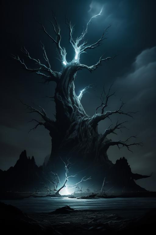 A tree with lightning coming out of it in the dark - SeaArt AI