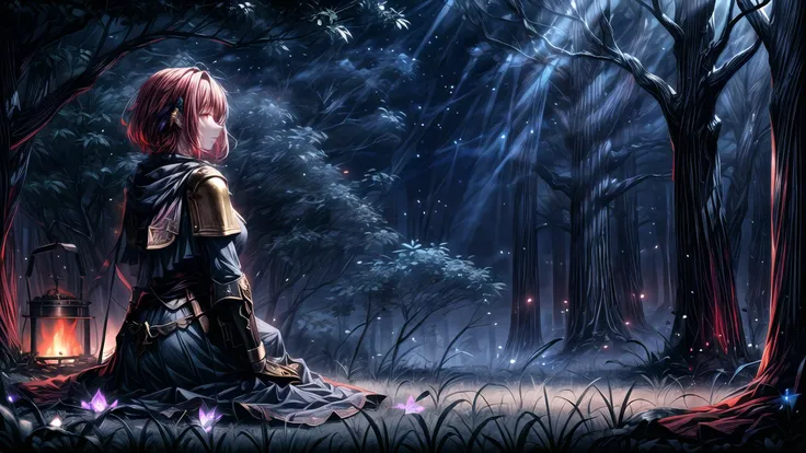 (masterpiece),(best quality),highres,highly detailed:0.9,an extremely delicate and beautiful,Tyndall effect,max detail,EdobLandscapeAlpha,(1girl,solo),(medium:0.4),breasts,(madder red hair:1.2),(wavy hair ends),(short hair:1.4),beautiful red eyes,ruby textured pupils,(calm smile and round eyes),knight with full plated armor,(knight shield on the stance),(landscape, full body),((far shot from behind)),beautiful,calm,relaxing,camping near river on the ground,wide river,grass,(firepit with cauldron full of soup),sitting on the fur rug,<lora:EdobLandscapeAlpha_v1.0:0.6>,((stare at the fire)),<lora:bluestyle-000005:0.3>,phblue,scenery,blue theme,<lora:绪å¿-æ¢¦å¹»åºæ¯ dream like:0.2>,dream,<lora:more_details:1.8>,(night,night sky,darkness,no light),(old rust medieval backpack with gold ornaments),bubles,(facing away),scarf,head_tilt,(blue hair flower),hair ornament,ribbon,hair ribbon,jewelry,(mystic enhanced glowing flower),mystic,luminescence,surreal,translucent,divine,celestial,crystalline,light,with a nurturing presence and a warm glow,world with pastel and cool colors,soft and ethereal lighting,volumetric lighting,(moonlight:0.3),(low-key lighting, dimly lit:1.5),intense shadows,hard shadows,water vapor,purple mist,blue butterfly,glowing mushrooms,(ghost silhouette),thunder,((tree of life)),