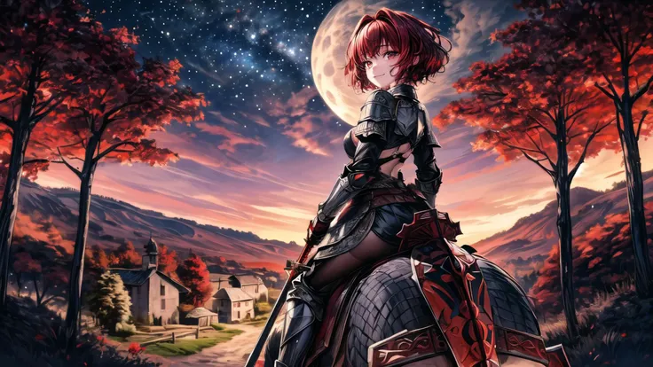 (masterpiece),(best quality),highres,(highly detailed:1.5),an extremely delicate and beautiful starry night,puffy clouds,cloudy sky,river,hill,small full moon,(dark clouds:1),((1girl) ([tiny:medium:0.8] breasts,(madder red hair:1.2),(wavy hair ends),(short hair:1.4),beautiful red eyes,ruby textured pupils,(smiley and round eyes)) knight with ((full plated armor,(shield on the back) and sword in sheath)) horseback riding on the (dirt road) from the forest to old medieval village in the far,super detailed wooden houses with one church,road sign),bright moon,vibrant colors,(landscape,full body),beautiful,calm,relaxing,((wide shot from above,far shot from behind)),<lora:EdobLandscapeAlpha_v1.0:0.5>,EdobLandscapeAlpha,<lora:more_details:1>,<lora:GoodHands-vanilla:0.5>,((colorful)),sharp detailed,farmland,<lora:light:0.4>,neolight,