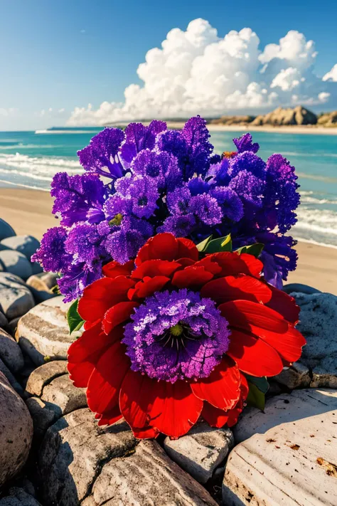(Realistic:1.5) EdobLandscapeAlpha , beach, fruit, red flower, beach, plant, cloud, rock, shore, day, purple flower, <lora:EdobLandscapeAlpha_v1.0:0.8>