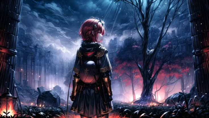 (masterpiece),(best quality),highres,highly detailed:0.9,an extremely delicate and beautiful,Tyndall effect,max detail,EdobLandscapeAlpha,(1girl,solo),(medium:0.4),breasts,(madder red hair:1.2),(wavy hair ends),(short hair:1.4),beautiful red eyes,ruby textured pupils,(calm smile and round eyes),knight with full plated armor,(knight shield on the stance),(landscape, full body),((far shot from behind)),beautiful,calm,relaxing,camping near river on the ground,wide river,grass,(firepit with cauldron full of soup),sitting on the fur rug,<lora:EdobLandscapeAlpha_v1.0:0.6>,((stare at the fire)),<lora:bluestyle-000005:0.3>,phblue,scenery,blue theme,<lora:绪å¿-æ¢¦å¹»åºæ¯ dream like:0.2>,dream,<lora:more_details:1.8>,(night,night sky,darkness,no light),(old rust medieval backpack with gold ornaments),bubles,(facing away),scarf,head_tilt,(blue hair flower),hair ornament,ribbon,hair ribbon,jewelry,(mystic enhanced glowing flower),mystic,luminescence,surreal,translucent,divine,celestial,crystalline,light,with a nurturing presence and a warm glow,world with pastel and cool colors,soft and ethereal lighting,volumetric lighting,(moonlight:0.3),(low-key lighting, dimly lit:1.5),intense shadows,hard shadows,water vapor,purple mist,blue butterfly,glowing mushrooms,ghost silhouette,