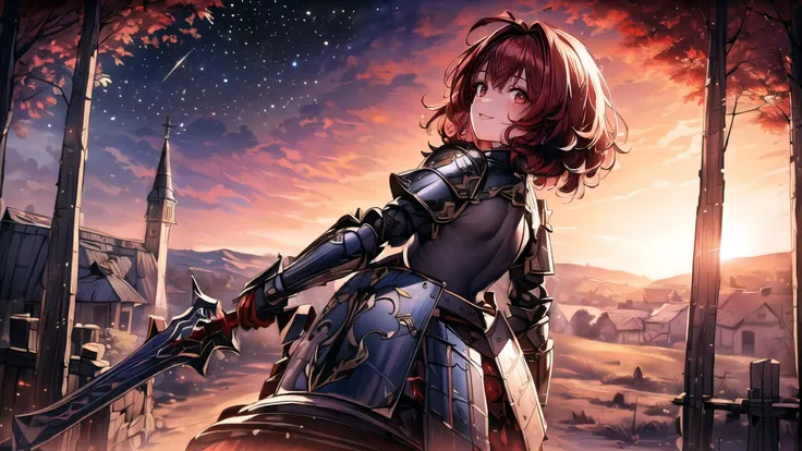 (masterpiece),(best quality),highres,(highly detailed:1.5),an extremely delicate and beautiful starry night,puffy clouds,cloudy sky,(dark clouds:1),((1girl) ([tiny:medium:0.8] breasts,(madder red hair:1.2),(wavy hair ends),(short hair:1.4),beautiful red eyes,ruby textured pupils,(smiley and round eyes)) knight with ((full plated armor,shield and long sword on the back)) horseback riding on the (dirt road) from the forest to old fantazy medieval village in the far,super detailed wooden houses with one church),bright moon,vibrant colors,(landscape,full body),beautiful,calm,relaxing,<lora:EdobLandscapeAlpha_v1.0:0.3>,EdobLandscapeAlpha,<lora:more_details:0.8>,<lora:light:0.6>,neolight,<lora:dream like_20231124044637:0.3>,dream like,((wide shot from above,far shot from behind)),