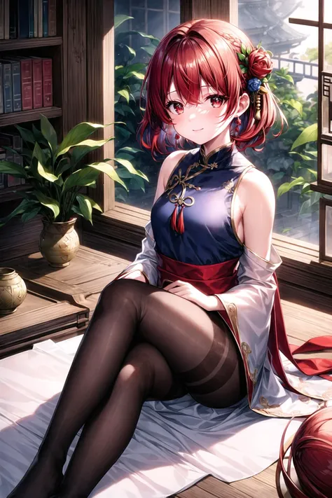 (masterpiece),(best quality),highres,highly detailed:0.9,an extremely delicate and beautiful,Tyndall effect,
1 girl,mature,solo,[tiny:medium:0.7] breasts,(madder red hair:1.2),(wavy hair ends),(short hair:1.2),beautiful red eyes,ruby textured pupils,(smiley and round eyes),
head_tilt,(crossed_legs),smug,(sitting_on_table),
chinese clothes,(Hands on legs:1.2),chinese robe,hanfu,white long clothes,earrings,hair flower,hair ornament,bracelet,tassel,beads,dress,blue dress,silk shawl,red ribbon,Wide long sleeves,wide sleeves,long sleeves,ribbon,hair ribbon,((black silk pantyhose)),jewelry,
ink,lattice,table,plant,paper,bamboo,silk scroll,branch,potted plant,window,round window,leaf,indoors,chair,vase,windowsill,blue flower,<lora:GoodHands-vanilla:0.6>,Clutter-Home,<lora:more_details:0.6>,<lora:EdobLandscapeAlpha_v1.0:0.3>,EdobLandscapeAlpha,