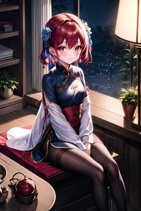(masterpiece),(best quality),highres,highly detailed:0.9,an extremely delicate and beautiful,Tyndall effect,
1 girl,mature,solo,[tiny:medium:0.8] breasts,(madder red hair:1.2),(wavy hair ends),(short hair:1.2),beautiful red eyes,ruby textured pupils,(smiley and round eyes),
head_tilt,(crossed_legs),smug,(sitting_on_table),
chinese clothes,(Hands on legs:1.2),chinese robe,hanfu,white long clothes,earrings,hair flower,hair ornament,bracelet,tassel,beads,dress,blue dress,silk shawl,red ribbon,Wide long sleeves,wide sleeves,long sleeves,ribbon,hair ribbon,((black silk pantyhose)),jewelry,
ink,lattice,table,plant,paper,bamboo,silk scroll,branch,potted plant,window,round window,leaf,indoors,chair,vase,windowsill,blue flower,(at night, darkness, no light:1.4),night sky,(candle,soft candle light,warm light:1.1),intense shadows,water vapor,<lora:GoodHands-beta2:0.6>,Clutter-Home,<lora:more_details:0.6>,<lora:EdobLandscapeAlpha_v1.0:0.3>,EdobLandscapeAlpha,