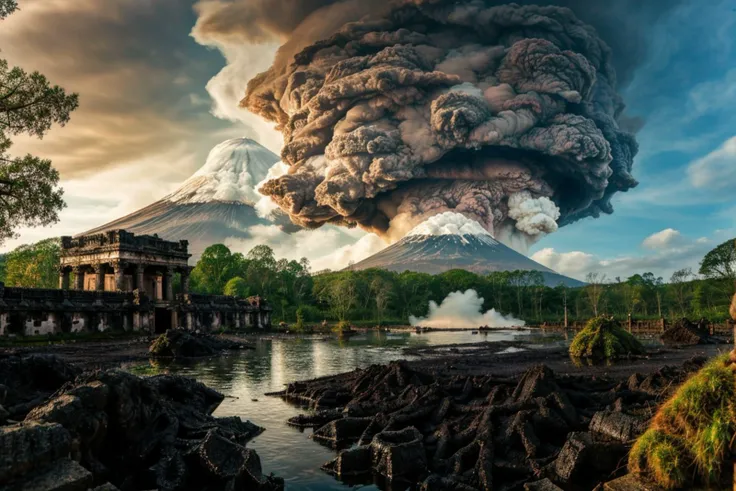 scenery of flooded old temple covered in moss with water plants an erupting volcano on the background molten rock magma dark sky with ash
<lora:SCE EdobLandscapeAlpha_v1.0:0.8> EdobLandscapeAlpha