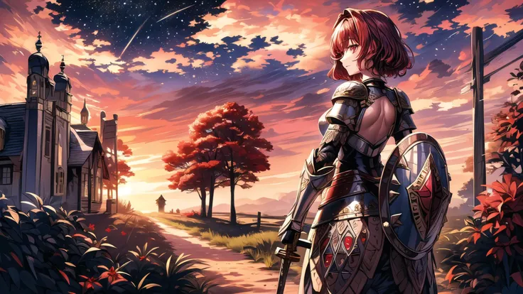 (masterpiece),(best quality),highres,(highly detailed:1.5),an extremely delicate and beautiful starry night,puffy clouds,cloudy sky,(dark clouds:1),((1girl) ([tiny:medium:0.8] breasts,(madder red hair:1.2),(wavy hair ends),(short hair:1.4),beautiful red eyes,ruby textured pupils,(smiley and round eyes)) knight with ((full plated armor,(shield on the back) and sword in sheath)) horseback riding on the (dirt road) from the forest to old fantazy medieval village in the far,super detailed wooden houses with one church),bright moon,vibrant colors,(landscape,full body),beautiful,calm,relaxing,((wide shot from above,far shot from behind)),(soldiers:1.2),(caravan:1.2),<lora:EdobLandscapeAlpha_v1.0:0.3>,EdobLandscapeAlpha,<lora:light:0.6>,neolight,<lora:dream like_20231124044637:0.3>,dream like,<lora:more_details:0.8>,