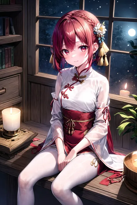 (masterpiece),(best quality),highres,highly detailed:0.9,an extremely delicate and beautiful,Tyndall effect,
1 girl,mature,solo,[tiny:medium:0.7] breasts,(madder red hair:1.2),(wavy hair ends),(short hair:1.2),beautiful red eyes,ruby textured pupils,(smiley and round eyes),
head_tilt,(crossed_legs),smug,(sitting_on_table),
chinese clothes,(Hands on legs:1.2),chinese robe,hanfu,white long clothes,earrings,hair flower,hair ornament,bracelet,tassel,beads,dress,blue dress,silk shawl,red ribbon,Wide long sleeves,wide sleeves,long sleeves,ribbon,hair ribbon,((black silk pantyhose)),jewelry,
ink,lattice,table,plant,paper,bamboo,silk scroll,branch,potted plant,window,round window,leaf,indoors,chair,vase,windowsill,blue flower,((at night, darkness, no light:1.4,night sky),(candle,soft candle light),intense shadows,water vapor,,,<lora:GoodHands-vanilla:0.6>,,,Clutter-Home,,,<lora:more_details:0.6>,,,,,<lora:EdobLandscapeAlpha_v1.0:0.3>,,,EdobLandscapeAlpha,,,