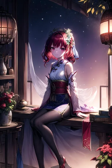 (masterpiece),(best quality),highres,highly detailed:0.9,an extremely delicate and beautiful,Tyndall effect,max detail,
1 girl,mature,solo,[tiny:medium:0.8] breasts,(madder red hair:1.2),(wavy hair ends),(short hair:1.2),beautiful red eyes,ruby textured pupils,(smiley and round eyes),
head_tilt,(crossed_legs),smug,(sitting_on_table),
chinese clothes,chinese robe,hanfu,white long clothes,earrings,hair flower,hair ornament,bracelet,tassel,beads,dress,blue dress,silk shawl,red ribbon,Wide long sleeves,wide sleeves,long sleeves,ribbon,hair ribbon,((black silk pantyhose)),jewelry,
ink,magic city,city lights,lattice,table,plant,paper,fireflies,bamboo,silk scroll,tea,(holding cup_of_tea:1.2),branch,potted plant,window,round window,leaf,indoors,chair,vase,windowsill,blue flower,(mystic enhanced glowing flower),mystic,luminescence,surreal,translucent,divine,celestial,crystalline,(((soft purple magic sparkles outdoors))),light,with a nurturing presence and a warm glow,world with pastel and cool colors,soft and ethereal lighting,volumetric lighting,(at night, darkness, no light:1.4),(night sky),(moonlight:0.3),(candle,soft candle light,warm light:1.1),(low-key lighting, dimly lit:1.5),intense shadows,hard shadows,water vapor,<lora:GoodHands-beta2:0.6>,Clutter-Home,<lora:more_details:0.6>,<lora:EdobLandscapeAlpha_v1.0:0.3>,EdobLandscapeAlpha,(in the room <lora:backlight_slider_v10:-3>),<lora:test004_1:0.1>,