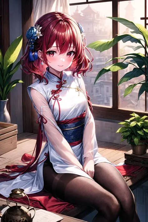 (masterpiece),(best quality),highres,highly detailed:0.9,an extremely delicate and beautiful,Tyndall effect,
1 girl,mature,solo,[tiny:medium:0.7] breasts,(madder red hair:1.2),(wavy hair ends),(short hair:1.2),beautiful red eyes,ruby textured pupils,(smiley and round eyes),
head_tilt,(crossed_legs),smug,(sitting_on_table),
chinese clothes,(Hands on legs:1.2),chinese robe,hanfu,white long clothes,earrings,hair flower,hair ornament,bracelet,tassel,beads,dress,blue dress,silk shawl,red ribbon,Wide long sleeves,wide sleeves,long sleeves,ribbon,hair ribbon,((black silk pantyhose)),jewelry,
ink,lattice,table,plant,paper,bamboo,silk scroll,branch,potted plant,window,round window,leaf,indoors,chair,vase,windowsill,blue flower,<lora:GoodHands-vanilla:0.6>,Clutter-Home,<lora:more_details:0.6>,<lora:EdobLandscapeAlpha_v1.0:0.3>,EdobLandscapeAlpha,