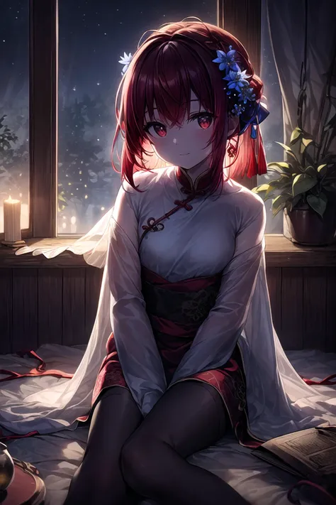 (masterpiece),(best quality),highres,highly detailed:0.9,an extremely delicate and beautiful,Tyndall effect,max detail,
1 girl,mature,solo,[tiny:medium:0.8] breasts,(madder red hair:1.2),(wavy hair ends),(short hair:1.2),beautiful red eyes,ruby textured pupils,(smiley and round eyes),
head_tilt,(crossed_legs),smug,(sitting_on_table),
chinese clothes,(Hands on legs:1.2),chinese robe,hanfu,white long clothes,earrings,hair flower,hair ornament,bracelet,tassel,beads,dress,blue dress,silk shawl,red ribbon,Wide long sleeves,wide sleeves,long sleeves,ribbon,hair ribbon,((black silk pantyhose)),jewelry,
ink,lattice,table,plant,paper,fireflies,bamboo,silk scroll,branch,potted plant,window,round window,leaf,indoors,chair,vase,windowsill,blue flower,(mystic enhanced glowing flower),mystic,luminescence,surreal,translucent,divine,celestial,crystalline,light,volumetric lighting,(at night, darkness, no light:1.4),night sky,moonlight,(candle,soft candle light,warm light:1.1),(low-key lighting, dimly lit:1.5),intense shadows,hard shadows,water vapor,<lora:GoodHands-beta2:0.6>,Clutter-Home,<lora:more_details:0.6>,<lora:EdobLandscapeAlpha_v1.0:0.3>,EdobLandscapeAlpha,(in the room <lora:backlight_slider_v10:-3>),<lora:test004_1:0.1>,