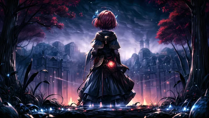 (masterpiece),(best quality),highres,highly detailed:0.9,an extremely delicate and beautiful,Tyndall effect,max detail,EdobLandscapeAlpha,(1girl,solo),(medium:0.4),breasts,(madder red hair:1.2),(wavy hair ends),(short hair:1.4),beautiful red eyes,ruby textured pupils,(calm smile and round eyes),knight with full plated armor,(knight shield on the stance),(landscape, full body),((far shot from behind)),beautiful,calm,relaxing,camping near river on the ground,wide river,grass,(firepit with cauldron full of soup),sitting on the fur rug,<lora:EdobLandscapeAlpha_v1.0:0.6>,((stare at the fire)),<lora:bluestyle-000005:0.3>,phblue,scenery,blue theme,<lora:绪å¿-æ¢¦å¹»åºæ¯ dream like:0.2>,dream,<lora:more_details:1.8>,(night,night sky,darkness,no light),(old rust medieval backpack with gold ornaments),bubles,(facing away),scarf,head_tilt,(blue hair flower),hair ornament,ribbon,hair ribbon,jewelry,(mystic enhanced glowing flower),mystic,luminescence,surreal,translucent,divine,celestial,crystalline,light,with a nurturing presence and a warm glow,world with pastel and cool colors,soft and ethereal lighting,volumetric lighting,(moonlight:0.3),(low-key lighting, dimly lit:1.5),intense shadows,hard shadows,water vapor,purple mist,blue butterfly,glowing mushrooms,(ghost silhouette),thunder,fox hiding,