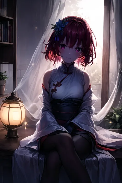 (masterpiece),(best quality),highres,highly detailed:0.9,an extremely delicate and beautiful,Tyndall effect,max detail,
1 girl,mature,solo,[tiny:medium:0.8] breasts,(madder red hair:1.2),(wavy hair ends),(short hair:1.2),beautiful red eyes,ruby textured pupils,(smiley and round eyes),
head_tilt,(crossed_legs),smug,(sitting_on_table),
chinese clothes,(Hands on legs:1.2),chinese robe,hanfu,white long clothes,earrings,hair flower,hair ornament,bracelet,tassel,beads,dress,blue dress,silk shawl,red ribbon,Wide long sleeves,wide sleeves,long sleeves,ribbon,hair ribbon,((black silk pantyhose)),jewelry,
ink,lattice,table,plant,paper,fireflies,bamboo,silk scroll,branch,potted plant,window,round window,leaf,indoors,chair,vase,windowsill,blue flower,(mystic enhanced glowing flower),mystic,luminescence,surreal,translucent,divine,celestial,crystalline,((soft purple magic sparkles outdoors)),light,with a nurturing presence and a warm glow,world with pastel and cool colors,soft and ethereal lighting,volumetric lighting,(at night, darkness, no light:1.4),(night sky),moonlight,(candle,soft candle light,warm light:1.1),(low-key lighting, dimly lit:1.5),intense shadows,hard shadows,water vapor,<lora:GoodHands-beta2:0.6>,Clutter-Home,<lora:more_details:0.6>,<lora:EdobLandscapeAlpha_v1.0:0.3>,EdobLandscapeAlpha,(in the room <lora:backlight_slider_v10:-3>),<lora:test004_1:0.1>,
