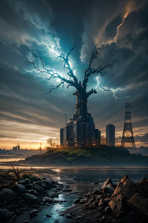 (Realistic:1.5) EdobLandscapeAlpha , island, night, no humans, real world location, cityscape, spacecraft, electricity, branch, monochrome, landscape, <lora:EdobLandscapeAlpha_v1.0:0.8>