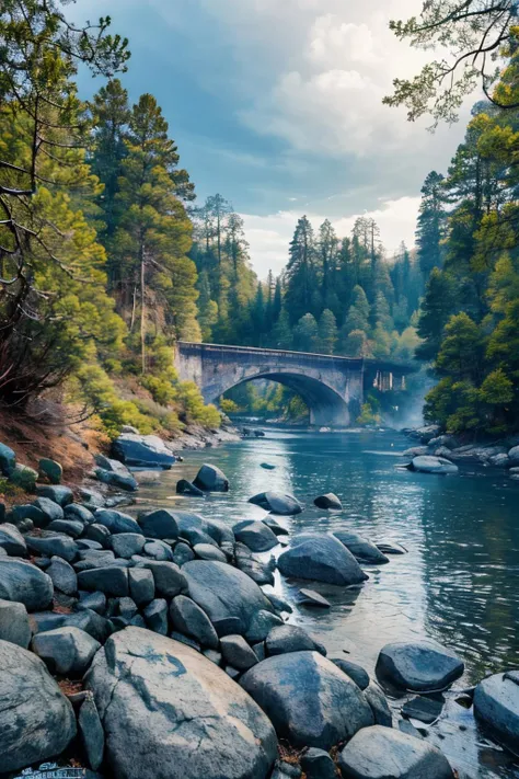 (Realistic:1.5) EdobLandscapeAlpha , outdoors, thorns, signature, blue theme, evening, alien, bridge, solo, rock, forest, <lora:EdobLandscapeAlpha_v1.0:0.8>