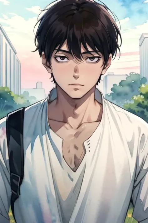 masterpiece, best quality, movie still, 1boy, solo, male focus, looking at viewer, , depth of field, (watercolor illustration, soft pastel colors:1.1), , <lora:yukito_urabe:0.70>, yukito_urabe, black hair, brown eyes, , bags under eyes, , , feminist science fiction,