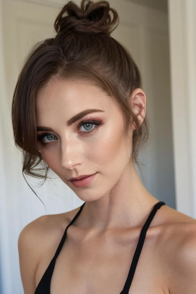 (wide close up) (pov shot) of ( <lora:KylerQuinn:1>KylerQuinn) in (onyx black chignon hairstyle),