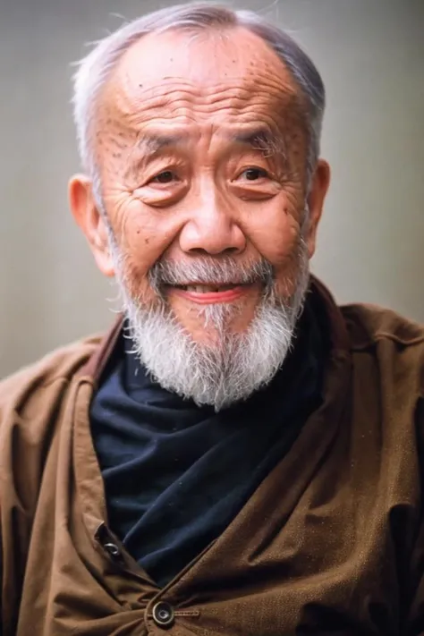 best quality, masterpiece,  Asian men,mole, solo, lips, grey_background, mole_under_eye, realistic, upper_body, looking_at_viewer, black_hair, brown_eyes, sweater, forehead,Rough skin,nose, turtleneck, old man, 70 yeas old, <lora:limingyang:0.8>