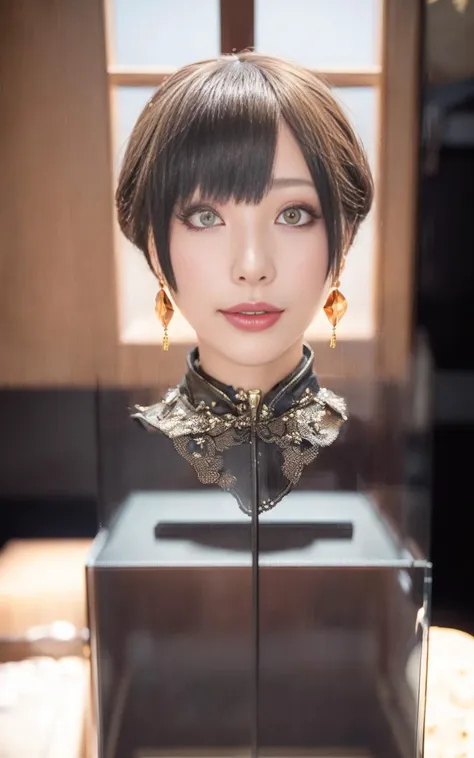 1girl, Chinese, (disembodied head:1.7), (head), (((best quality))),(((ultra detailed))),(((masterpiece))),(head in a glass box),(display case), spotlight, exhibition hall, earrings. 8k, HDR, photorealistic, realistic, Sony ZV 1, looking at viewer,