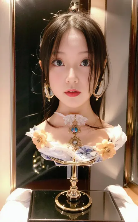 1girl, Chinese, (disembodied head:1.7), (head), (((best quality))),(((ultra detailed))),(((masterpiece))),(head in a glass box),(display case), spotlight, exhibition hall, earrings. 8k, HDR, photorealistic, realistic, Sony ZV 1, looking at viewer,