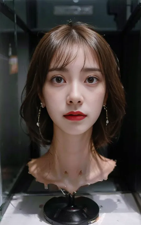 1girl, (disembodied head:1.7), (head), (((best quality))),(((ultra detailed))),(((masterpiece))),(head in a glass box),(display case), earrings, 8k, HDR, photorealistic, realistic, bare shoulders, slim neck, sculpture, looking at viewer,