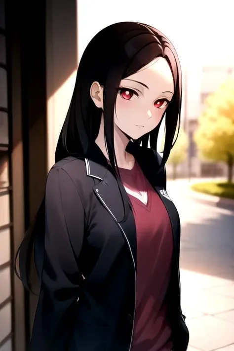 <lora:RukaRengokuR4:0.7>, masterpiece, highres, 1girl, red eyes, RukaRengokuR4, jacket, street, day