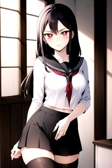 <lora:RukaRengokuR4:0.7>, masterpiece, highres, 1girl, red eyes, RukaRengokuR4, serafuku, thighhighs, school, day