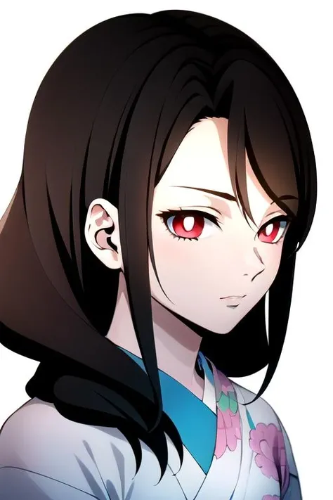 <lora:RukaRengokuR4:0.7>, masterpiece, highres, 1girl, red eyes, RukaRengokuR4, portrait, looking at viewer, white background, kimono