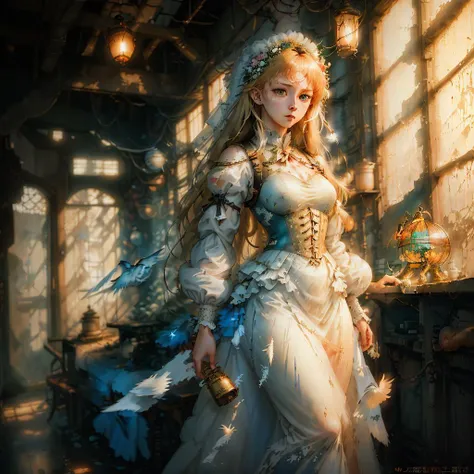 masterpiece, best quality,1girl,   <lora:unstabledreamX:0.7>   a woman in a wedding dress holding a bird cage with a bird inside of it, looking through the window, 1girl, blonde_hair, blue_eyes, blurry, blurry_background, blurry_foreground, chromatic_aberration, depth_of_field, eyelashes, forehead, lips, long_hair, looking_at_viewer, motion_blur, photo_\(medium\), photorealistic, red_lips, solo