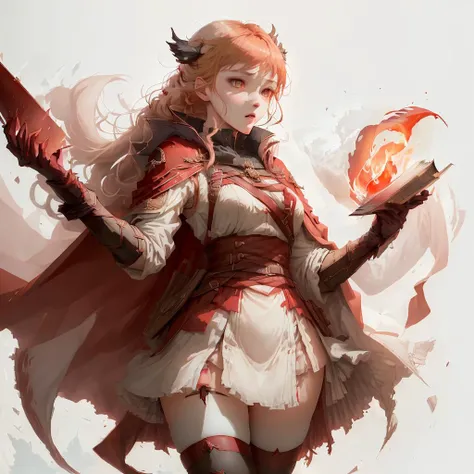 masterpiece, best quality,1girl, <lora:unstabledreamX_v2:0.7> a woman in a white dress and red stockings is holding a red object in her hand and a red object in her other hand, 1girl, bag, blonde_hair, blush, book, braid, breasts, cape, foreshortening, from_below, gloves, holding, holding_book, long_hair, looking_at_viewer, open_mouth, outstretched_arm, outstretched_hand, pointy_ears, reaching_out, red_cape, simple_background, solo, thighhighs, thighs, white_background, white_glovesa drawing of