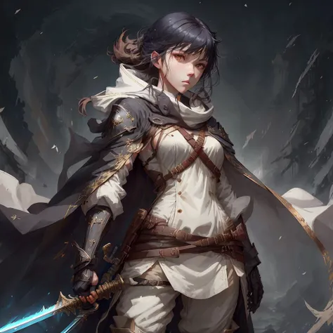 masterpiece, best quality,1girl,   <lora:unstabledreamX_v2:0.7>   a woman in white and gold outfit holding two swords and a sword in her hand, with a hood on, 1girl, black_hair, brown_eyes, cape, full_body, grey_background, holding, holding_sword, holding_weapon, knife, long_hair, looking_at_viewer, pants, solo, standing, sword, weapon, white_footwear, white_pants