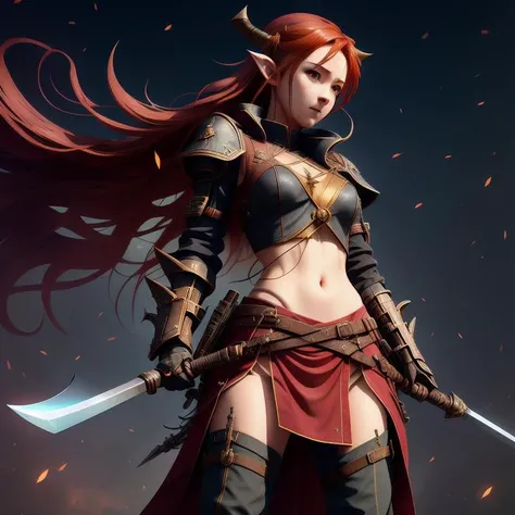 f/1.4 55mm, dynamic angle, professional lighting, (realistic, photo-realistic:1.37),
(8k, RAW photo, best quality, masterpiece:1.2),1girl, a woman with a sword and a sword in her hand, standing in front of a gray background,1girl, armor, axe, (red_hair:1.3), (black_eyes:1.2), dual_wielding, elf, full_body, gradient, gradient_background, grey_background, holding, holding_weapon, long_hair, midriff, navel, pointy_ears,solo, standing, weapon <lora:unstabledreamx_V2:0.6>