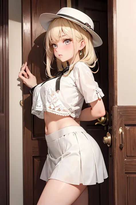 (masterpiece, best quality), female youth, strong, european, brown eyes, folded ears,   narrow jaw, symmetrical cheeks,     , platinum blonde french twist hair, curiosity wearing skater skirt, crochet crop top,  fedora,, peeking from behind a door, peering from behind a slightly ajar door, creating an air of secrecy and allure, soft lighting, gentle, diffused light that wraps the characters in a warm and dreamy glow, a picturesque countryside, with rolling hills, green meadows, and grazing animals