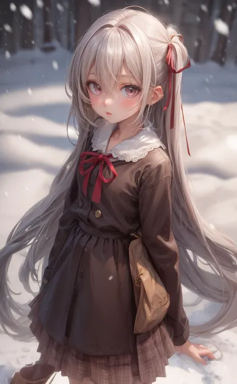 looking_at_viewer,hair_between_eyes,brown_skirt,sidelocks,snowing,ribbon,skirt,very_long_hair,