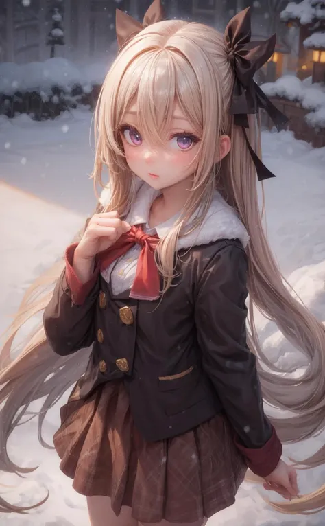 looking_at_viewer,hair_between_eyes,brown_skirt,sidelocks,snowing,ribbon,skirt,very_long_hair,