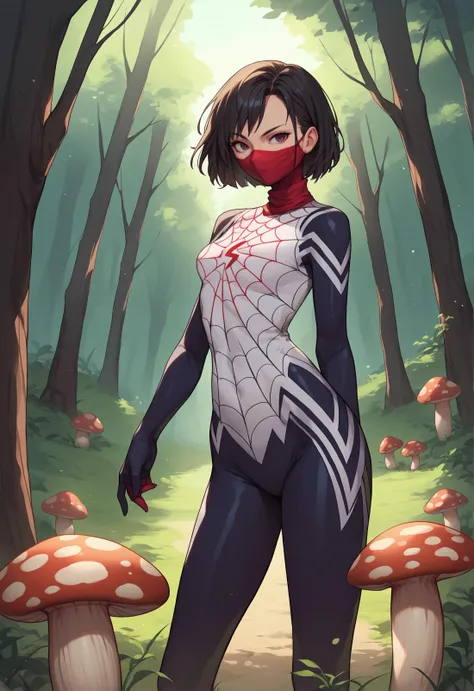 score_9, score_8_up, score_7_up, source_anime, solo, 1girl, cindymoon, standing, looking at viewer, short hair, bodysuit, mouth mask, spider web print, outdoors, giant mushroom, forest <lora:silk_cindymoon_ponyXL:1>
