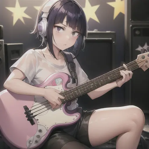 kyoka jiro, 1girl, solo, looking at viewer, blush, short hair, bangs, shirt, black hair, sitting, collarbone, short sleeves, shoes, pants, blunt bangs, star (symbol), torn clothes, headphones, white footwear, t-shirt, instrument, pink shirt, purple shirt, guitar, cable, torn shirt, electric guitar, capri pants, bass guitar, amplifier <lora:KyokaJiroLoRA-10:0.6>