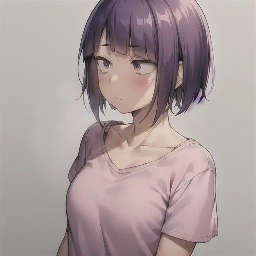 kyoka jiro, 1girl, solo, breasts, blush, short hair, bangs, simple background, shirt, white background, closed mouth, purple eyes, collarbone, upper body, purple hair, short sleeves, blunt bangs, looking away, t-shirt, pink shirt, long earlobes <lora:KyokaJiroLoRA-10:0.6>