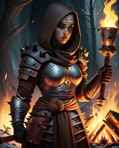 Vestal, red eyes, upper body, solo, brown hair, standing, serious face,
VesGear, hood up, headband, pauldrons ,brown gloves,breastplate,pauldrons, browm habit, armored boots,
cave, campfire, books, holding spiked mace, spiked mace,
(insanely detailed, beautiful detailed face, masterpiece, best quality) <lora:Vestal:0.8>