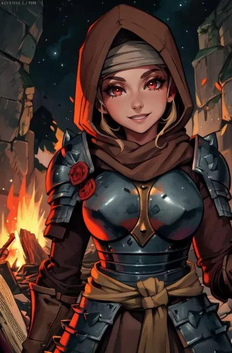 Vestal, red eyes, upper body, solo,
hood up, headband, pauldrons ,brown gloves,breastplate, brown habit, armored boots,
cave, campfire, books,
standing, upper body, smile,
darkest dungeon,
(insanely detailed, beautiful detailed face, masterpiece, best quality)
<lora:Vestal-10v2:0.7>