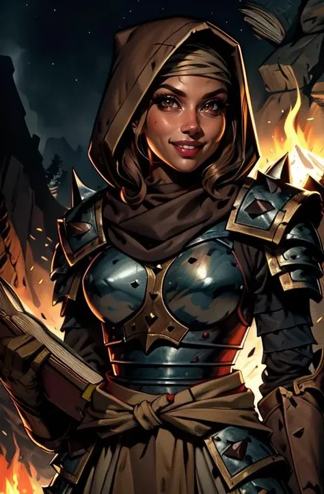 octavia, brown hair,brown eyes,left cheek scar, solo, smirk, teeth,
battlefield, dirt, campfire, night,
(insanely detailed, beautiful detailed face, beautiful detailed eyes, masterpiece, best quality) <lora:octavia:0.8>