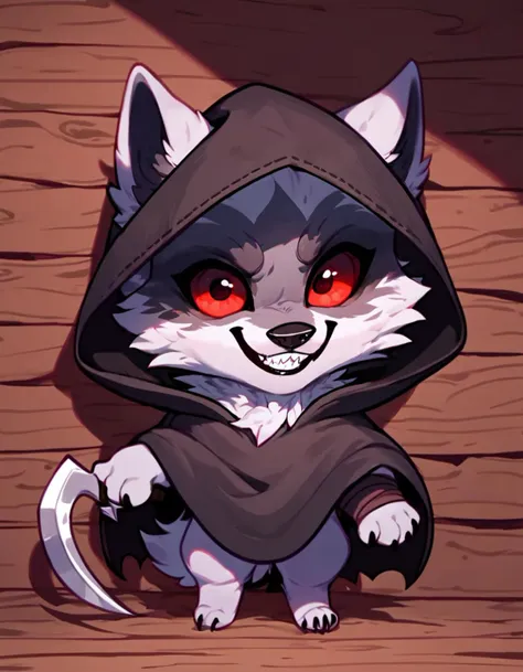 score_9, score_8_up, score_7_up, rating_safe,source_furry,d3ath,
feral, werewolf,chibi,
clothing, clothed, cloak, robe, weapon, teeth, evil smile,looking at viewer, hood up, 1:1, sneaky, cute, hiding in the shadows behind a wall, 
medieval tavern background,
 <lora:Death_Puss_in_boots:0.9>