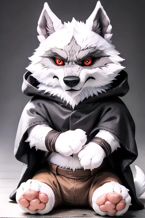 photorealism, <lora:Death_Puss_in_boots:1> d3ath,source_furry <lora:woafu_plushify_pony:0.7> chibi, plushify, character stuffed toy, grumpy, black cloak, brown pants, tail, detailed fur, sitting, paw pads,