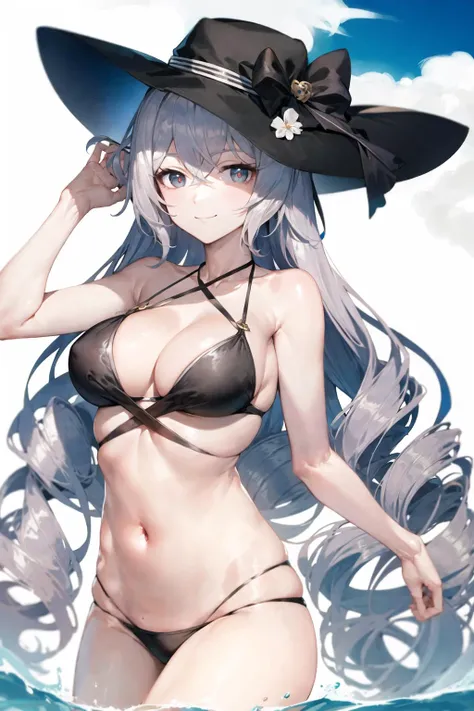 (Realistic painting style:0.9), masterpiece, best quality,  absurdres, looking at viewer, solo, bronya zaychik \(bikini\), red pupils, bronya zaychik, 1girl, solo, breasts, swimsuit, long hair, hat, grey eyes, bikini, navel, cleavage, grey hair, (black headwear:1.2), black bikini, beach, water, cloud, looking at viewer, bangs, closed mouth, hand on headwear, large breasts, sun hat, bare shoulders, smile, very long hair, drill hair, hair between eyes, cowboy shot

<lora:bronya_heart of the night_896_Lion_dim64_KohyaLoRA_fp16_1e-1noise_token1_18-3-2023:1>