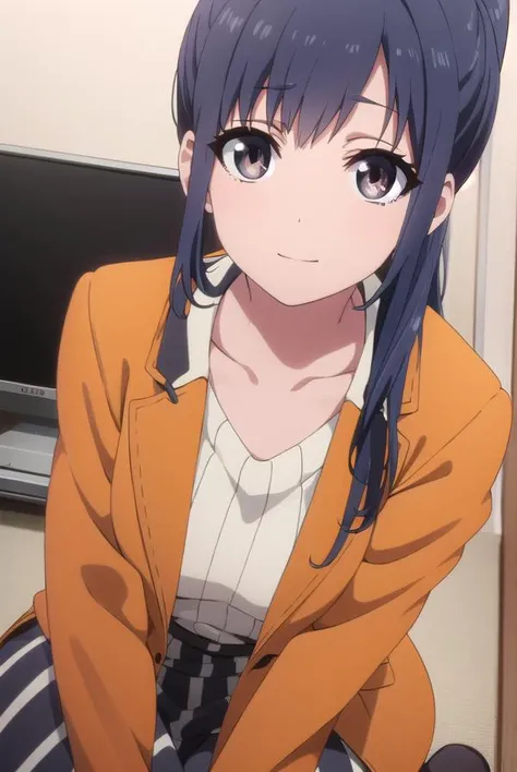 midoriimai, <lora:midori imai s1-lora-nochekaiser:1>,
midori imai, long hair, black hair, blue hair, (black eyes:1.3), side ponytail, smile,
BREAK dress, pantyhose, striped dress, jacket, orange jacket,
BREAK indoors, office,
BREAK looking at viewer, dynamic pose,
BREAK <lyco:GoodHands-beta2:1>, (masterpiece:1.2), best quality, high resolution, unity 8k wallpaper, (illustration:0.8), (beautiful detailed eyes:1.6), extremely detailed face, perfect lighting, extremely detailed CG, (perfect hands, perfect anatomy),