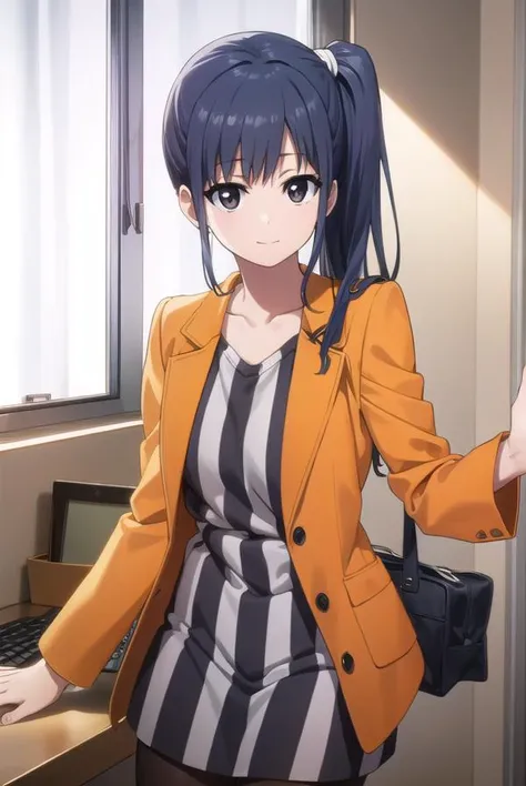 midoriimai, <lora:midori imai s1-lora-nochekaiser:1>,
midori imai, long hair, black hair, blue hair, (black eyes:1.3), side ponytail, smile,
BREAK dress, pantyhose, striped dress, jacket, orange jacket,
BREAK indoors, office,
BREAK looking at viewer, dynamic pose,
BREAK <lyco:GoodHands-beta2:1>, (masterpiece:1.2), best quality, high resolution, unity 8k wallpaper, (illustration:0.8), (beautiful detailed eyes:1.6), extremely detailed face, perfect lighting, extremely detailed CG, (perfect hands, perfect anatomy),