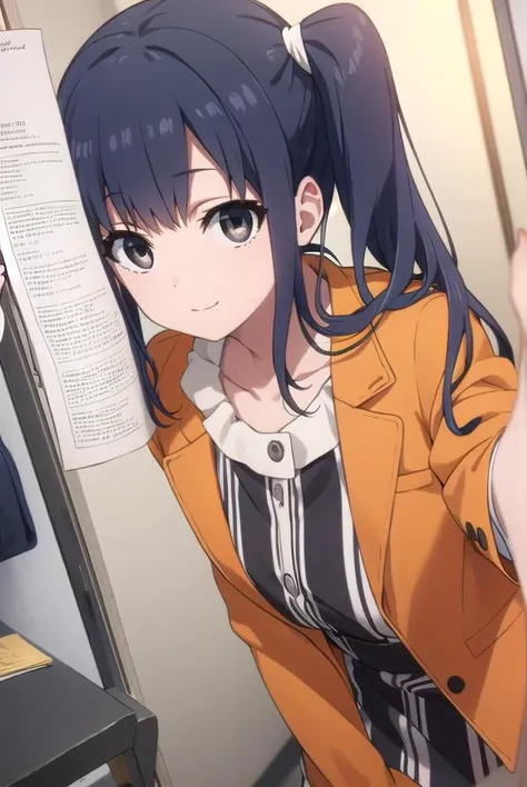midoriimai, <lora:midori imai s1-lora-nochekaiser:1>,
midori imai, long hair, black hair, blue hair, (black eyes:1.3), side ponytail, smile,
BREAK dress, pantyhose, striped dress, jacket, orange jacket,
BREAK indoors, office,
BREAK looking at viewer, dynamic pose,
BREAK <lyco:GoodHands-beta2:1>, (masterpiece:1.2), best quality, high resolution, unity 8k wallpaper, (illustration:0.8), (beautiful detailed eyes:1.6), extremely detailed face, perfect lighting, extremely detailed CG, (perfect hands, perfect anatomy),