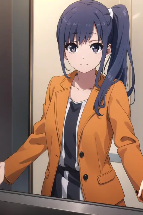 midoriimai, <lora:midori imai s1-lora-nochekaiser:1>,
midori imai, long hair, black hair, blue hair, (black eyes:1.3), side ponytail, smile,
BREAK dress, pantyhose, striped dress, jacket, orange jacket,
BREAK indoors, office,
BREAK looking at viewer, dynamic pose,
BREAK <lyco:GoodHands-beta2:1>, (masterpiece:1.2), best quality, high resolution, unity 8k wallpaper, (illustration:0.8), (beautiful detailed eyes:1.6), extremely detailed face, perfect lighting, extremely detailed CG, (perfect hands, perfect anatomy),