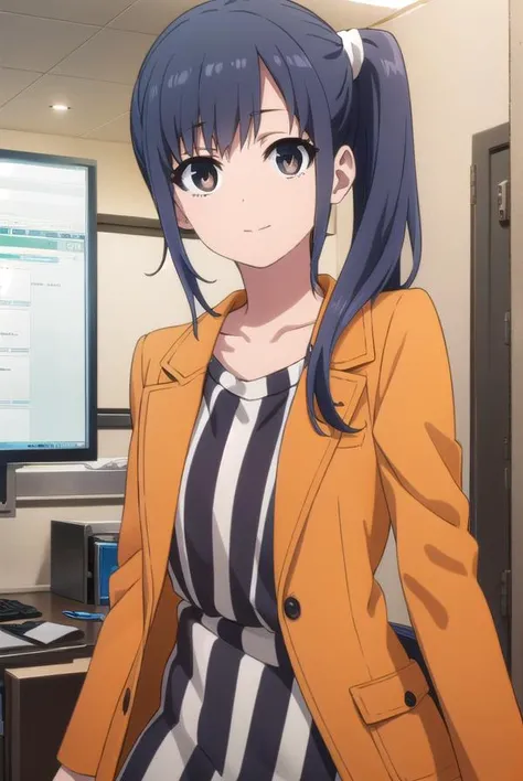 midoriimai, <lora:midori imai s1-lora-nochekaiser:1>,
midori imai, long hair, black hair, blue hair, (black eyes:1.3), side ponytail, smile,
BREAK dress, pantyhose, striped dress, jacket, orange jacket,
BREAK indoors, office,
BREAK looking at viewer, dynamic pose,
BREAK <lyco:GoodHands-beta2:1>, (masterpiece:1.2), best quality, high resolution, unity 8k wallpaper, (illustration:0.8), (beautiful detailed eyes:1.6), extremely detailed face, perfect lighting, extremely detailed CG, (perfect hands, perfect anatomy),