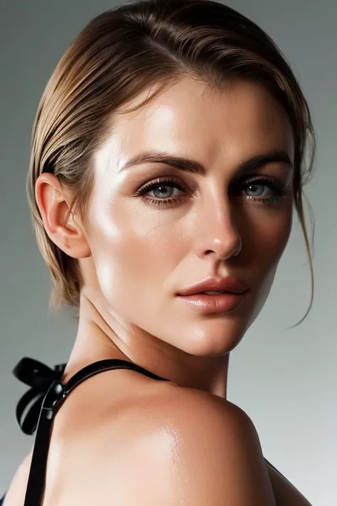 (closeup:1) photo of (CR-ElizabethHurl3y-frankyfrank2k:0.9) as a (young:1.0) woman, (oiled shiny skin:1.0), (slick undercut:1.2) hair,
(8k uhd:1.0), (best quality:1.0), (masterpiece:1.0), (sharp focus:1.0), grey background,